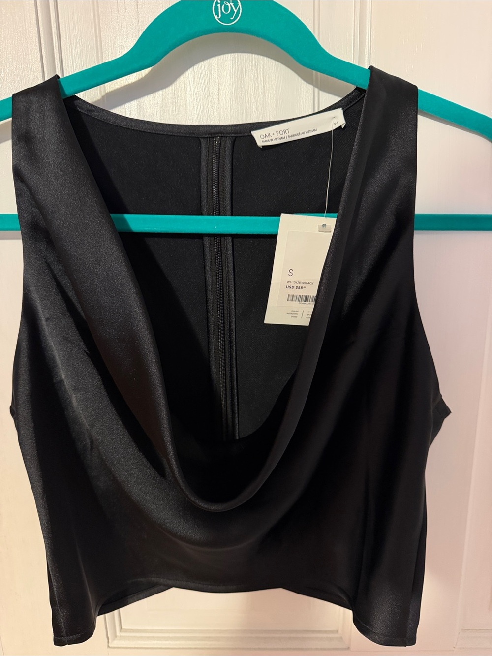 NWT OAK + FORT Black Satin Cowl cropped tank